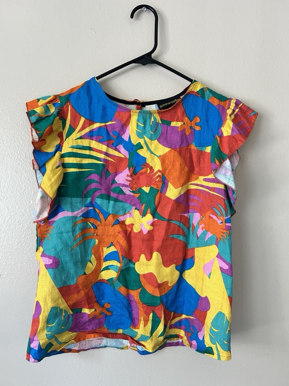 Nooworks Linen Ruffle Top Womens Small Tropical Crab Print Shirt